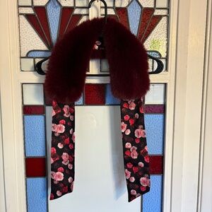 White House Black Market Red Fur Scarf Floral Pattern